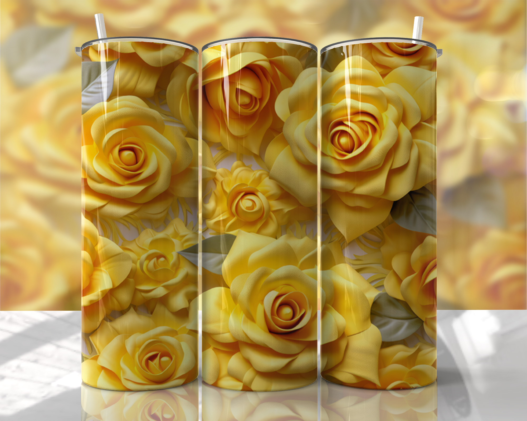3D Gold Black Floral Paper Flowers 20 Oz Skinny Tumbler