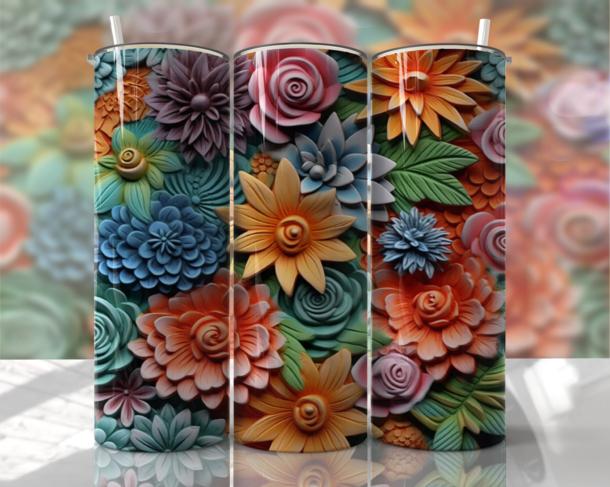 Stunning 3D Floral 4 in 1 Can Cooler and Tumbler - 60 Designs