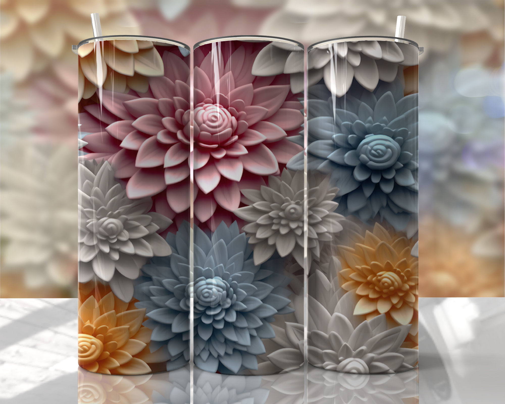 Stunning 3D Floral 4 in 1 Can Cooler and Tumbler - 60 Designs