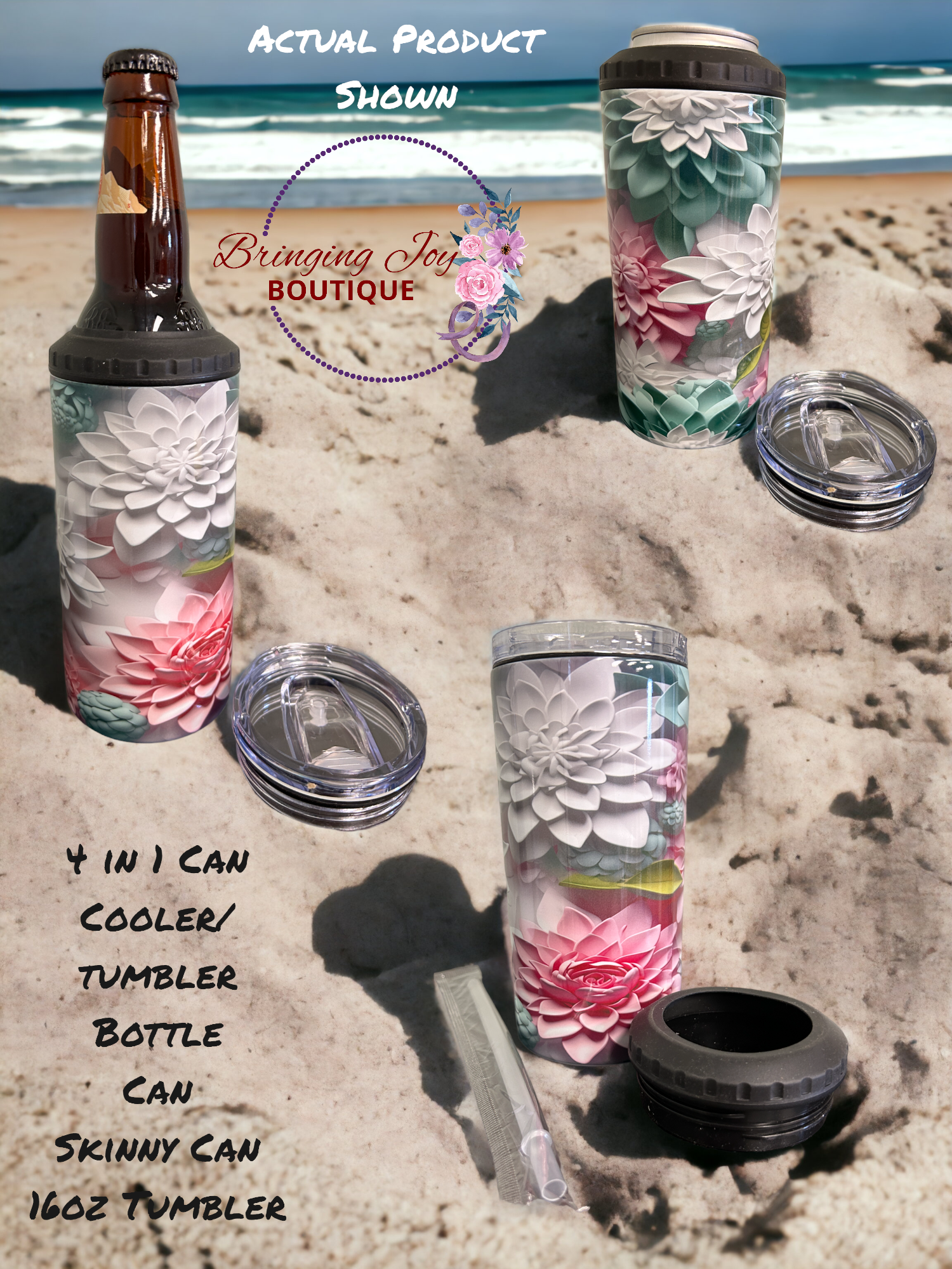 Stunning 3D Floral 4 in 1 Can Cooler and Tumbler - 60 Designs