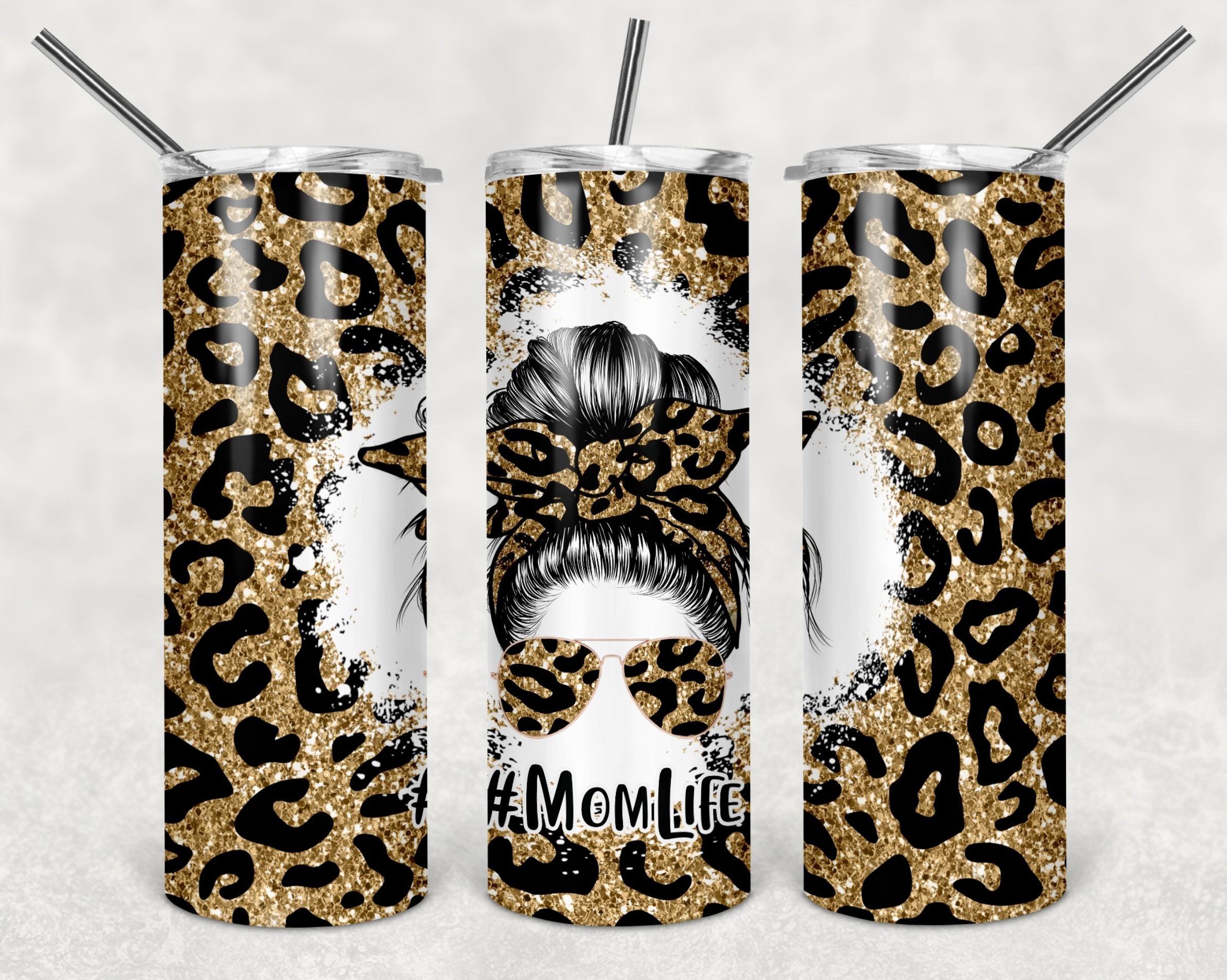 Mom Life Best Life Leopard Sunflowers Teal 20 oz insulated tumbler with lid  and straw