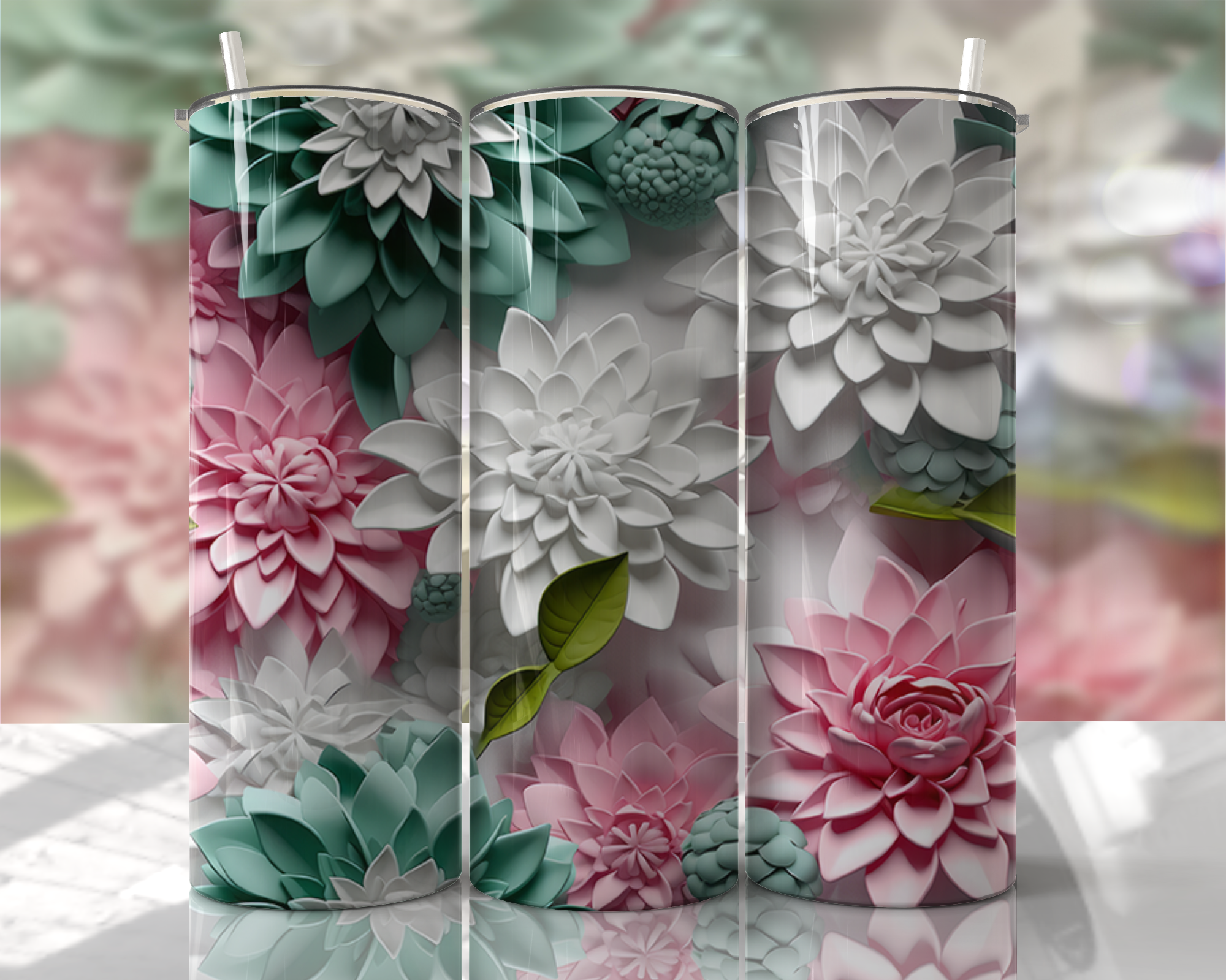 3D flowers Tumbler- Pink/ Peach