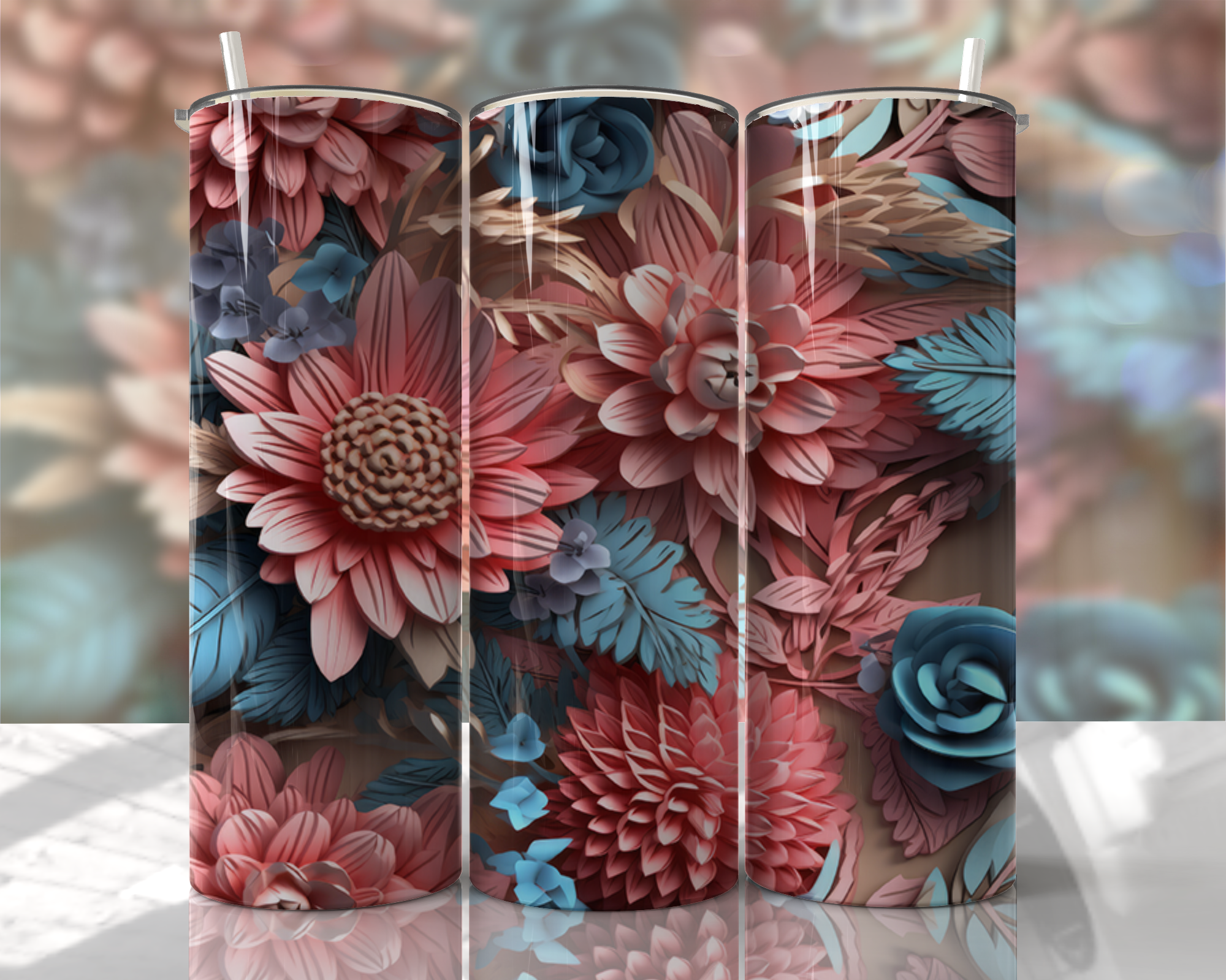 Stunning 3D Floral 4 in 1 Can Cooler and Tumbler - 60 Designs